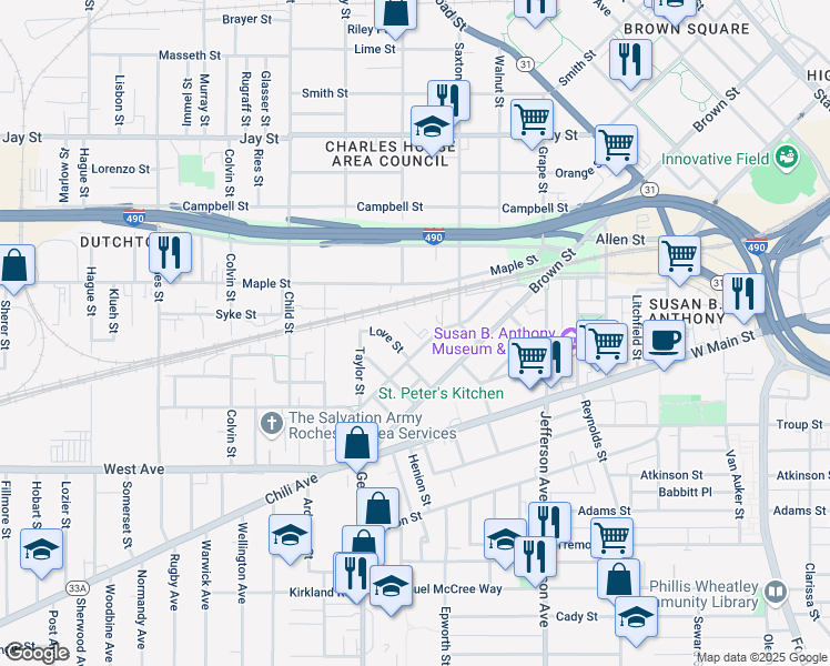 map of restaurants, bars, coffee shops, grocery stores, and more near 96 Silver Street in Rochester