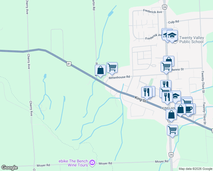 map of restaurants, bars, coffee shops, grocery stores, and more near 3578 Niagara Regional Road 81 in Lincoln
