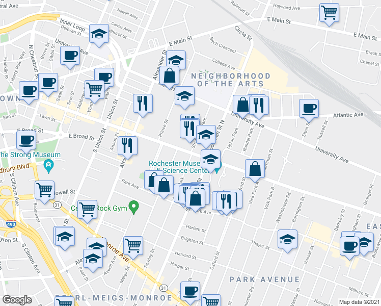 map of restaurants, bars, coffee shops, grocery stores, and more near East Avenue & Strathallan Park in Rochester