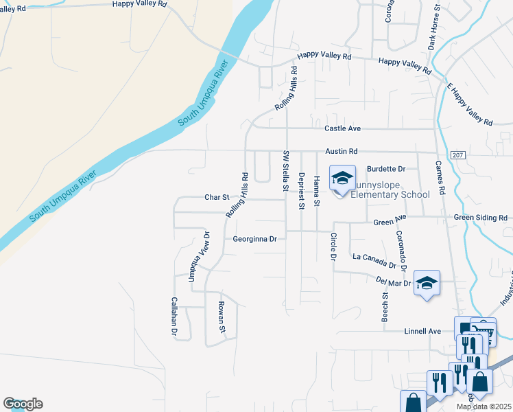 map of restaurants, bars, coffee shops, grocery stores, and more near 195 Zephyr Court in Roseburg