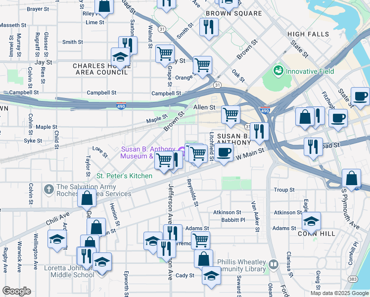 map of restaurants, bars, coffee shops, grocery stores, and more near Madison St & Madison Park S in Rochester