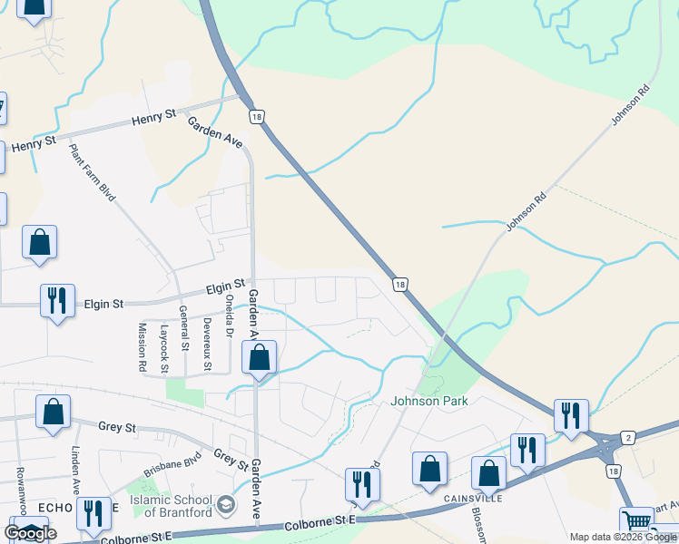 map of restaurants, bars, coffee shops, grocery stores, and more near 93 Bilanski Farm Road in Brantford