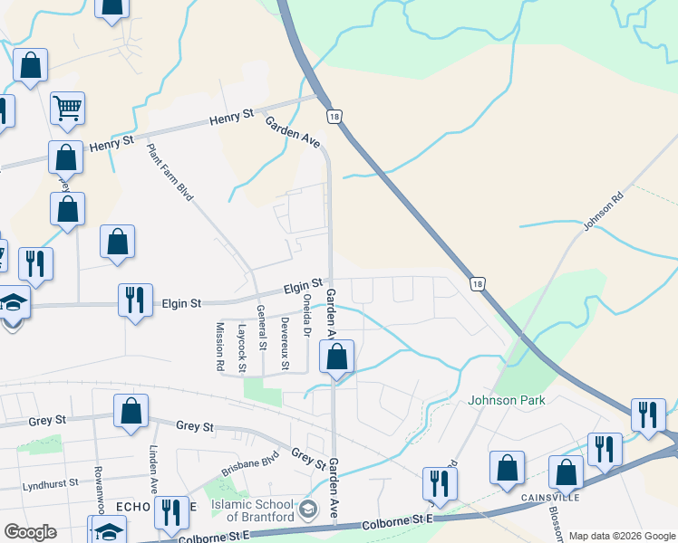 map of restaurants, bars, coffee shops, grocery stores, and more near in Brantford