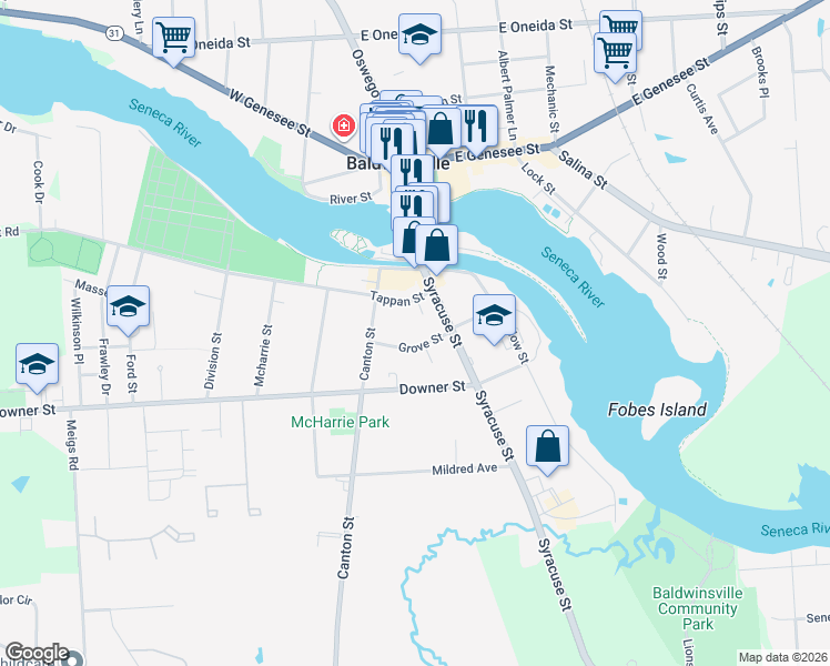 map of restaurants, bars, coffee shops, grocery stores, and more near 20 Grove Street in Baldwinsville