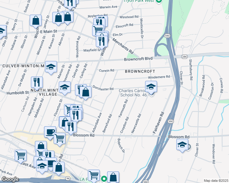 map of restaurants, bars, coffee shops, grocery stores, and more near 115 Dorchester Road in Rochester