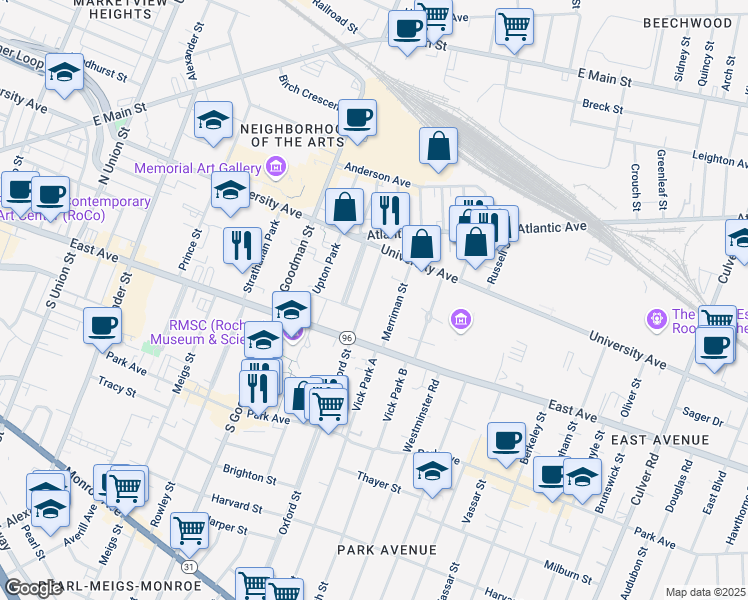 map of restaurants, bars, coffee shops, grocery stores, and more near 70 Oxford Street in Rochester