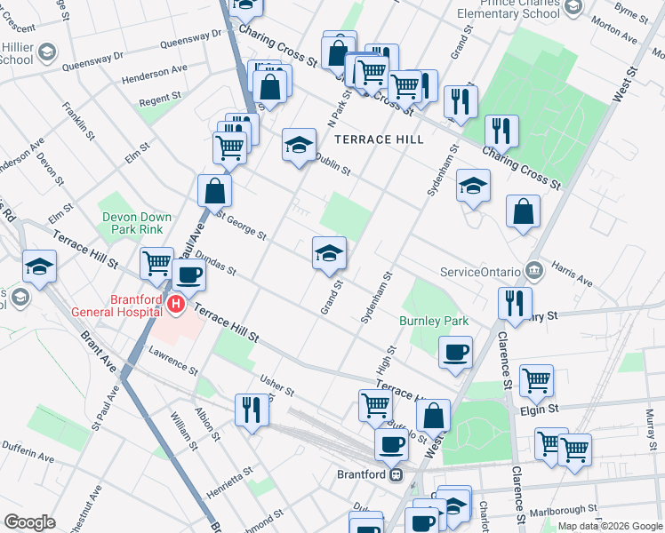 map of restaurants, bars, coffee shops, grocery stores, and more near 35 Saint George Street in Brantford