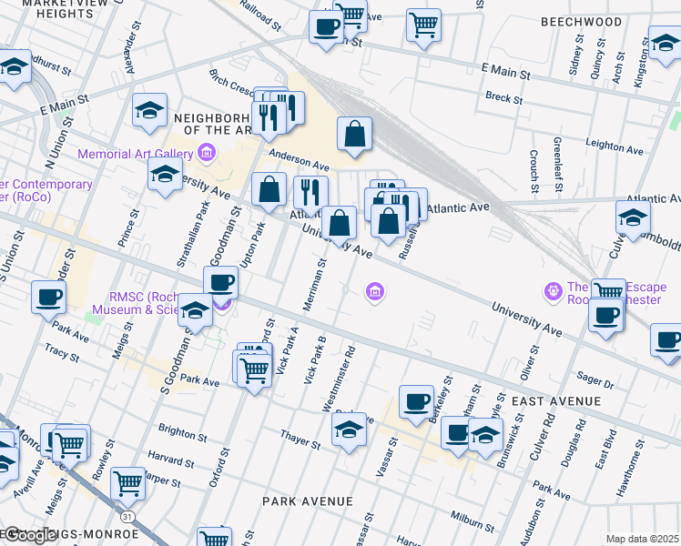 map of restaurants, bars, coffee shops, grocery stores, and more near 17 Portsmouth Terrace in Rochester