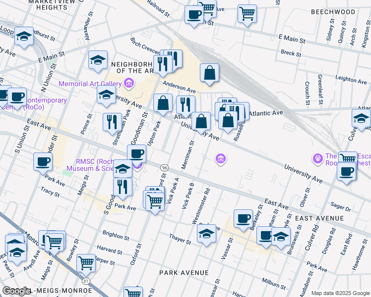 map of restaurants, bars, coffee shops, grocery stores, and more near 56 Merriman Street in Rochester
