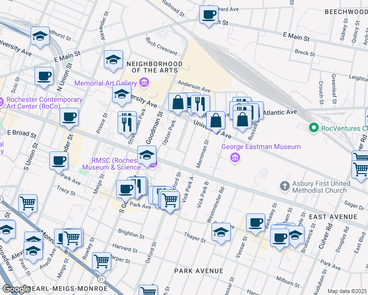 map of restaurants, bars, coffee shops, grocery stores, and more near 97 Oxford Street in Rochester