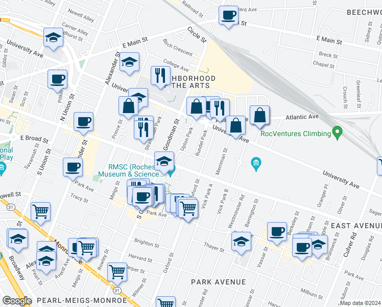 map of restaurants, bars, coffee shops, grocery stores, and more near 688 East Avenue in Rochester