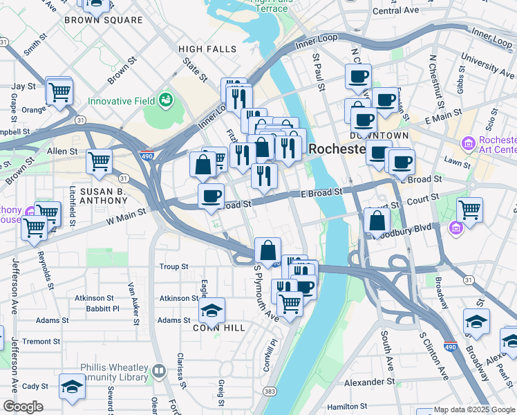 map of restaurants, bars, coffee shops, grocery stores, and more near 85 West Broad Street in Rochester