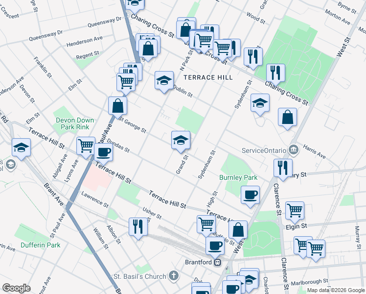 map of restaurants, bars, coffee shops, grocery stores, and more near 28 Saint George Street in Brantford