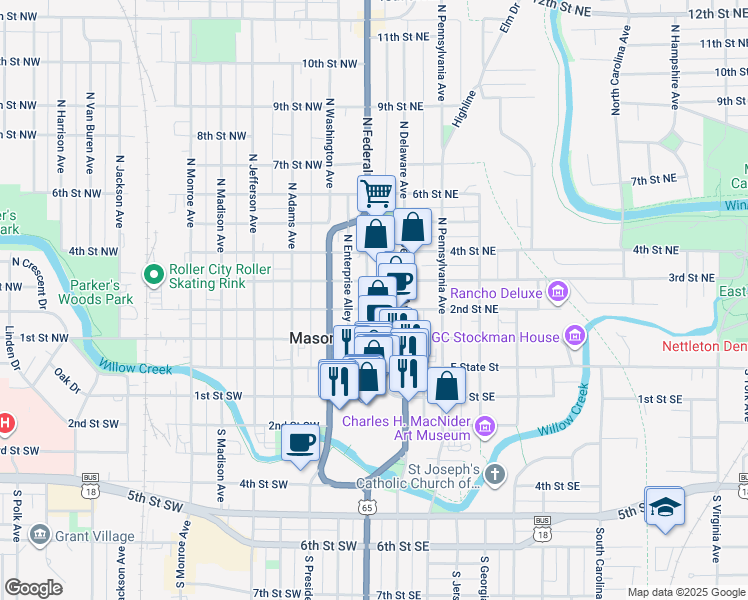 map of restaurants, bars, coffee shops, grocery stores, and more near in Mason City