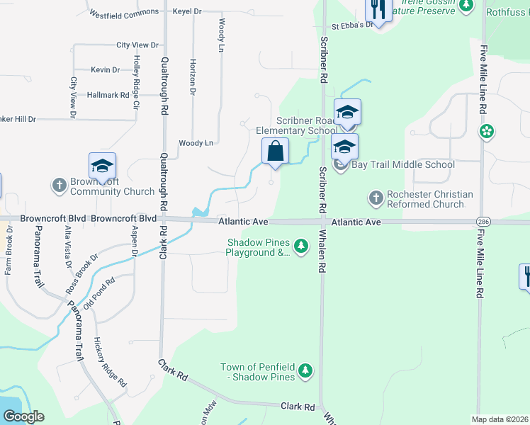 map of restaurants, bars, coffee shops, grocery stores, and more near 2684 Atlantic Avenue in Rochester