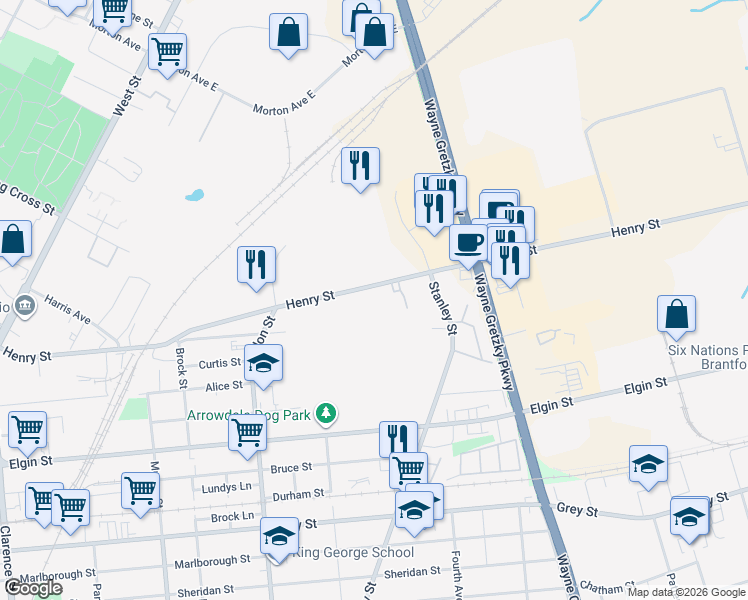map of restaurants, bars, coffee shops, grocery stores, and more near 154 Henry Street in Brantford