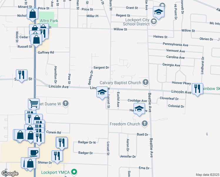 map of restaurants, bars, coffee shops, grocery stores, and more near Lincoln Ave & Locust St in Lockport