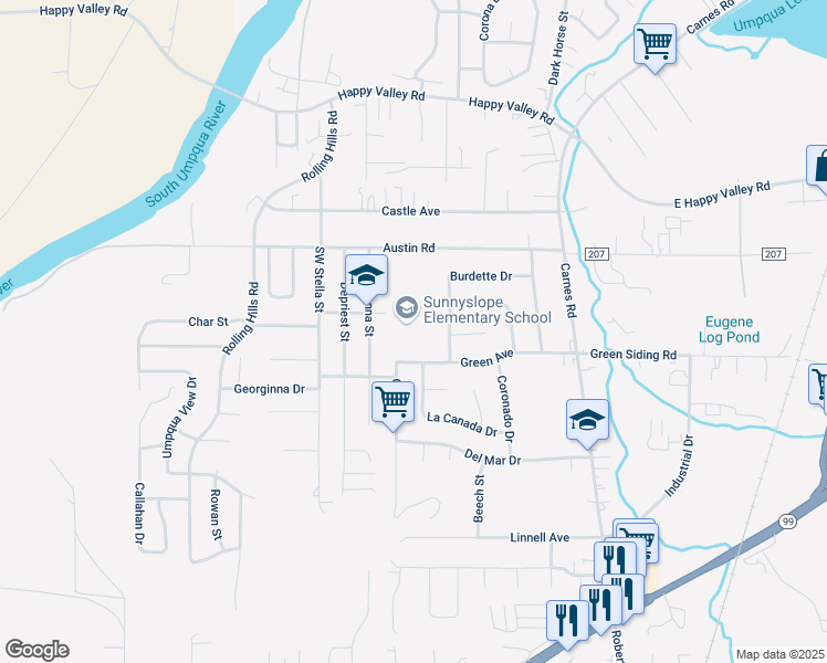 map of restaurants, bars, coffee shops, grocery stores, and more near 2230 Cannon Avenue in Roseburg