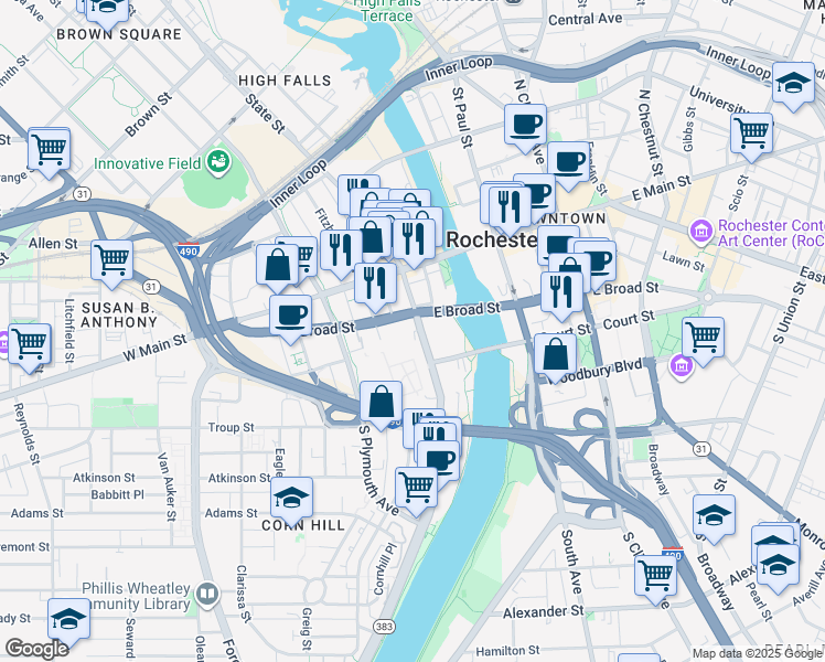 map of restaurants, bars, coffee shops, grocery stores, and more near in Rochester