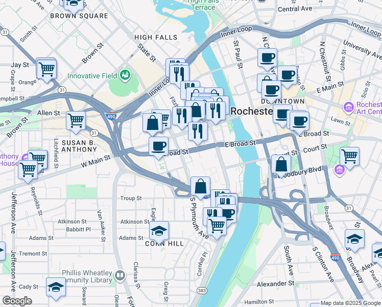 map of restaurants, bars, coffee shops, grocery stores, and more near 85 West Broad Street in Rochester