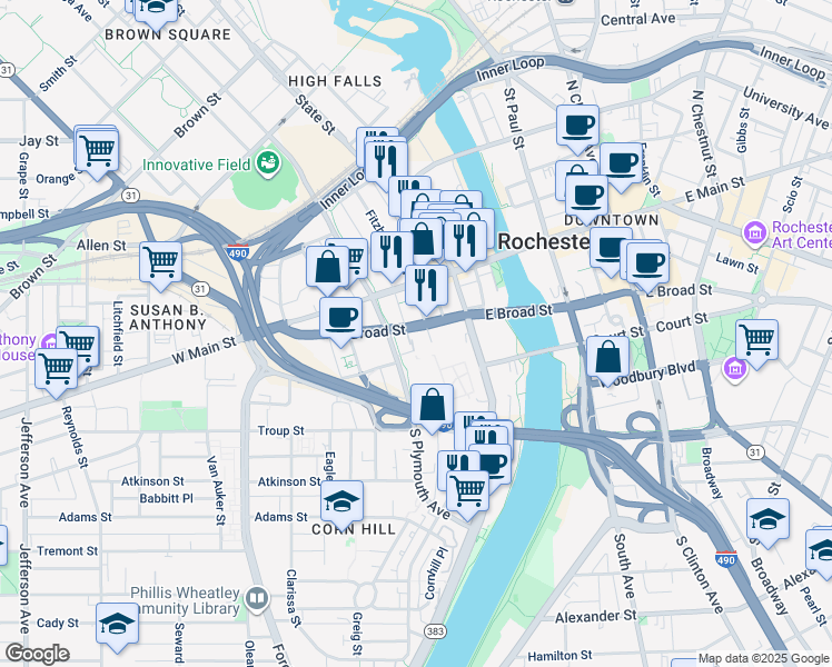 map of restaurants, bars, coffee shops, grocery stores, and more near 85 West Broad Street in Rochester