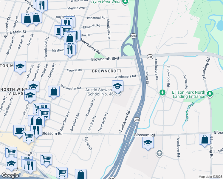map of restaurants, bars, coffee shops, grocery stores, and more near 215 Newcastle Road in Rochester