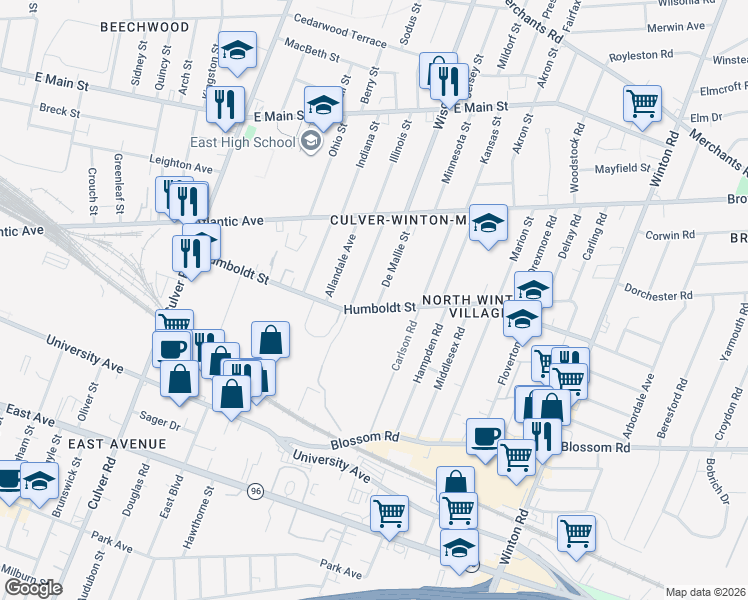 map of restaurants, bars, coffee shops, grocery stores, and more near in Rochester