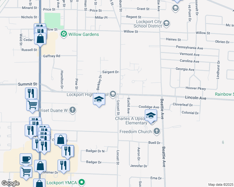 map of restaurants, bars, coffee shops, grocery stores, and more near 250 Lincoln Avenue in Lockport