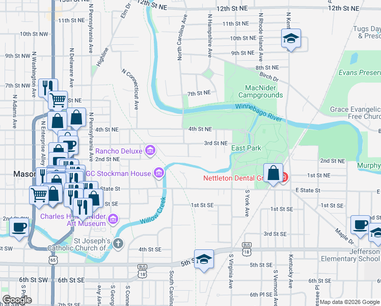 map of restaurants, bars, coffee shops, grocery stores, and more near 641 2nd Street Northeast in Mason City