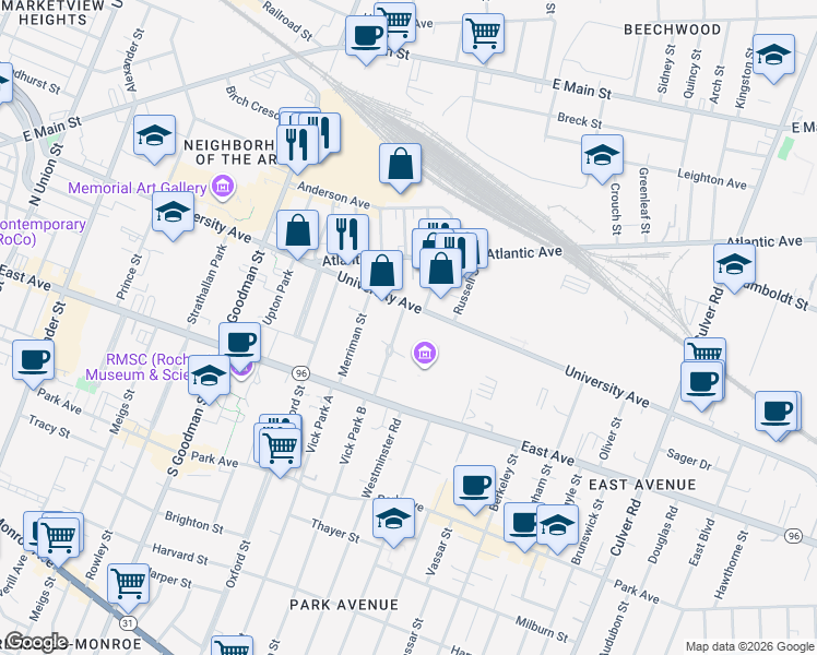 map of restaurants, bars, coffee shops, grocery stores, and more near 26 Portsmouth Terrace in Rochester