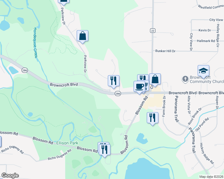map of restaurants, bars, coffee shops, grocery stores, and more near 2447 Browncroft Boulevard in Rochester