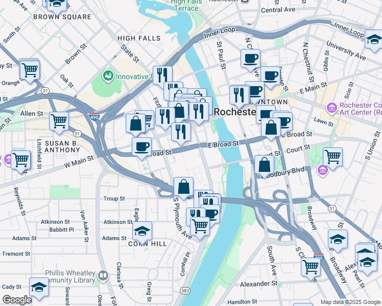 map of restaurants, bars, coffee shops, grocery stores, and more near 55 South Fitzhugh Street in Rochester