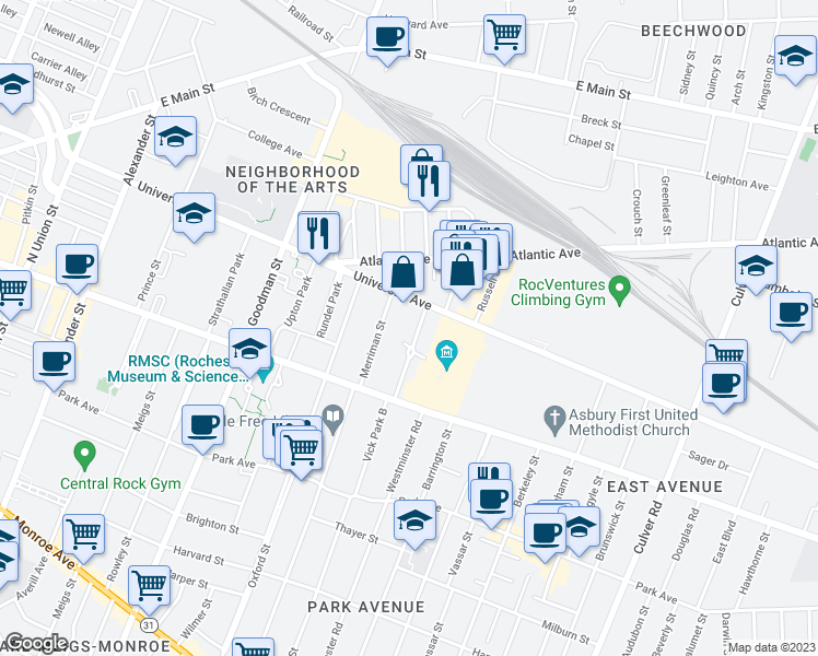 map of restaurants, bars, coffee shops, grocery stores, and more near 23 Portsmouth Terrace in Rochester