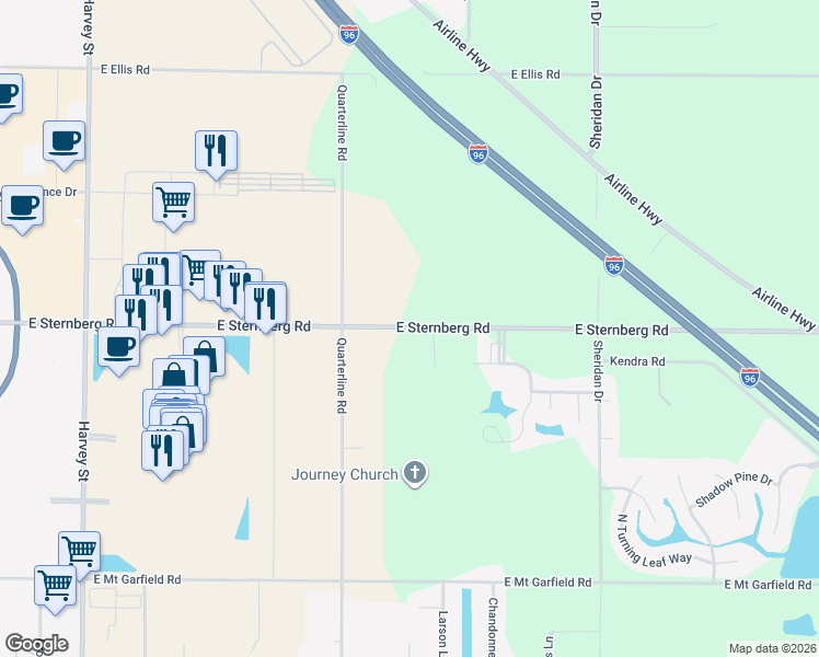 map of restaurants, bars, coffee shops, grocery stores, and more near 2115 East Sternberg Road in Muskegon