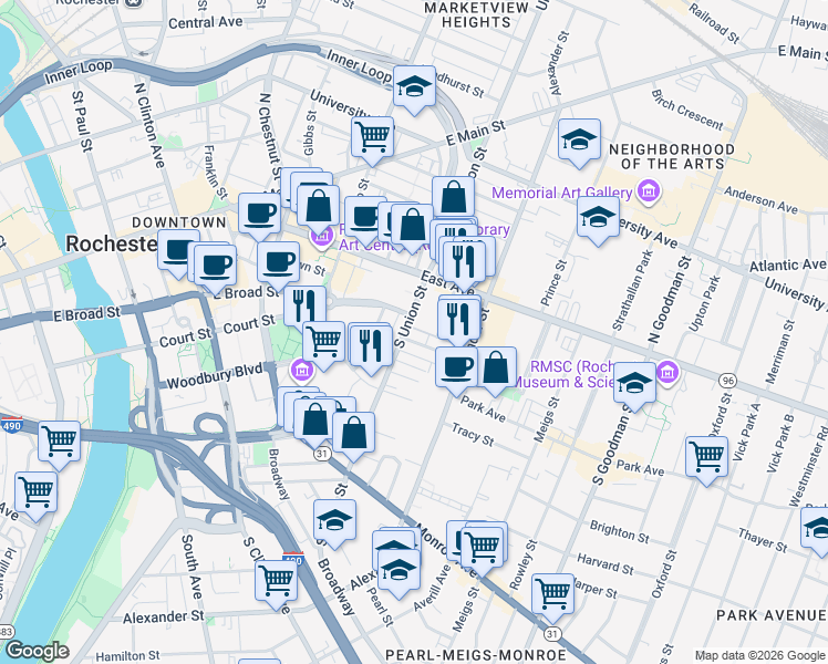 map of restaurants, bars, coffee shops, grocery stores, and more near 34 South Union Street in Rochester