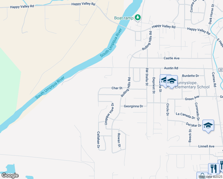 map of restaurants, bars, coffee shops, grocery stores, and more near 381 Char Street in Roseburg