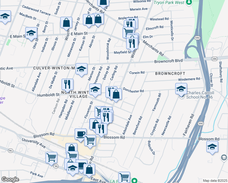 map of restaurants, bars, coffee shops, grocery stores, and more near 409 Winton Road North in Rochester