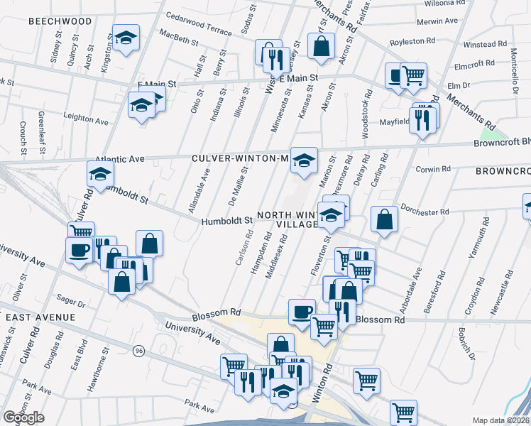 map of restaurants, bars, coffee shops, grocery stores, and more near 210 Hampden Road in Rochester