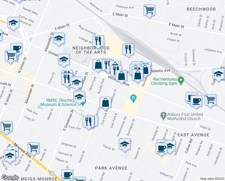 map of restaurants, bars, coffee shops, grocery stores, and more near 56 Merriman Street in Rochester