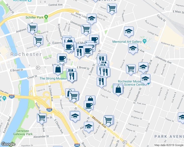 map of restaurants, bars, coffee shops, grocery stores, and more near 49 South Union Street in Rochester