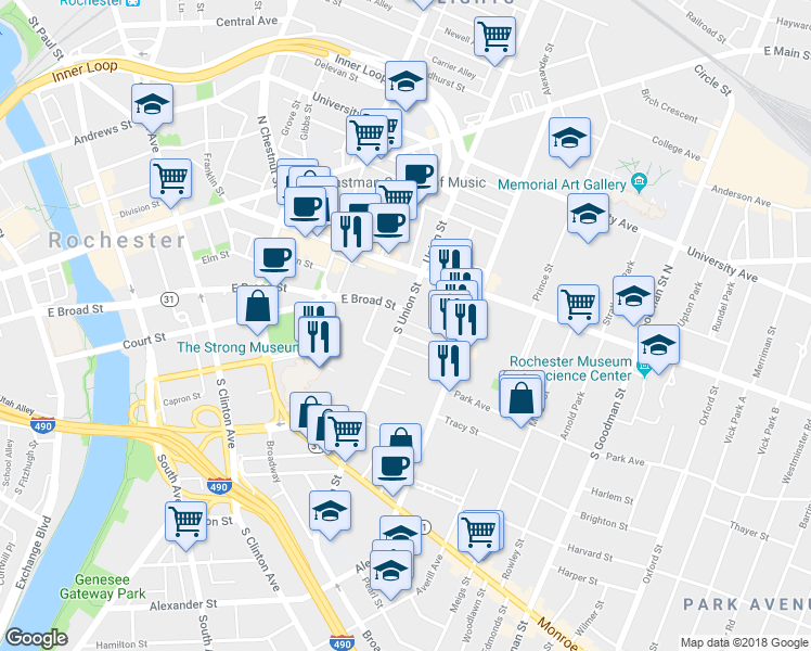 map of restaurants, bars, coffee shops, grocery stores, and more near 49 South Union Street in Rochester