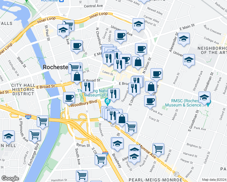 map of restaurants, bars, coffee shops, grocery stores, and more near 15 Manhattan Square Drive in Rochester