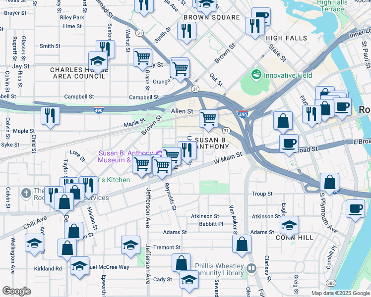 map of restaurants, bars, coffee shops, grocery stores, and more near 14 1/2 King Street in Rochester