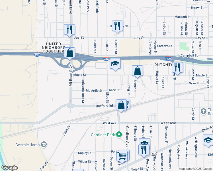 map of restaurants, bars, coffee shops, grocery stores, and more near 45 Alice Street in Rochester