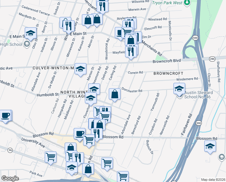 map of restaurants, bars, coffee shops, grocery stores, and more near 409 Winton Road North in Rochester