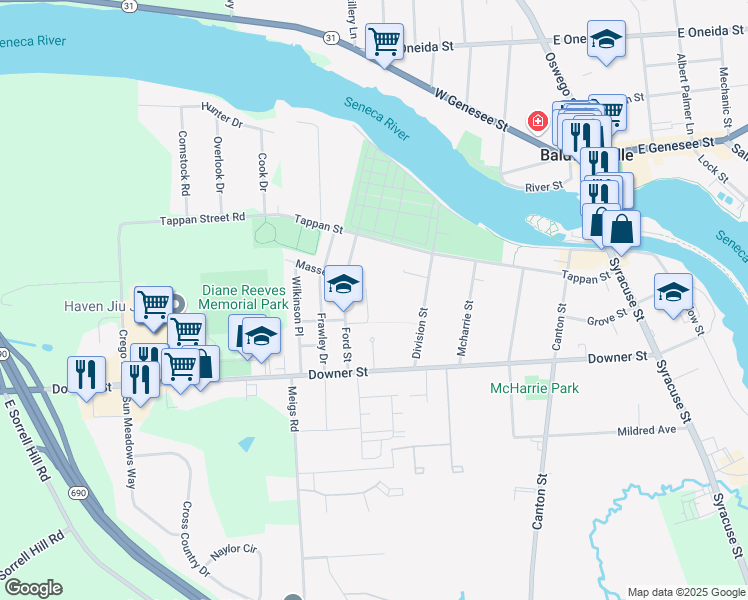 map of restaurants, bars, coffee shops, grocery stores, and more near 20 Ford Street in Baldwinsville