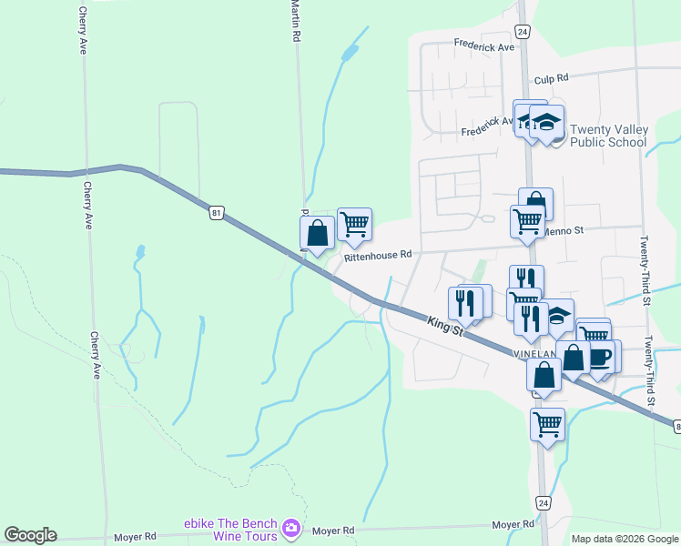 map of restaurants, bars, coffee shops, grocery stores, and more near 3578 Niagara Regional Road 81 in Lincoln