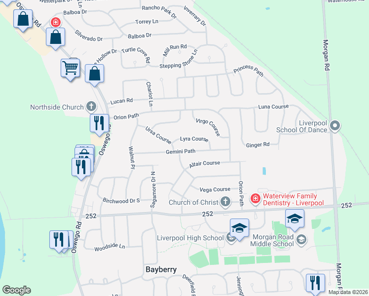 map of restaurants, bars, coffee shops, grocery stores, and more near 7904 Ursa Course in Liverpool