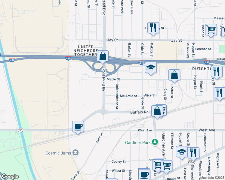 map of restaurants, bars, coffee shops, grocery stores, and more near 133 Independence Street in Rochester