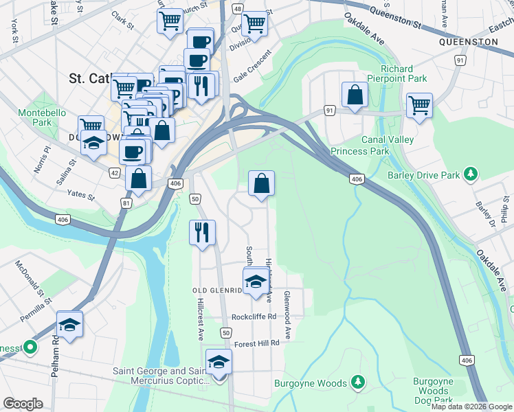 map of restaurants, bars, coffee shops, grocery stores, and more near 9 Pinehill Road in St. Catharines